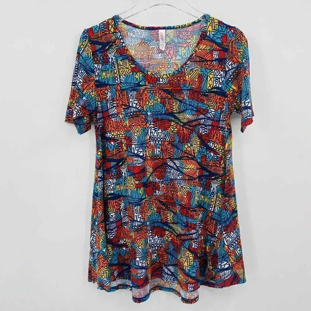 Lularoe Size XS Blue & Orange Geometric Print Short Sleeve Perfect Tee Flowy